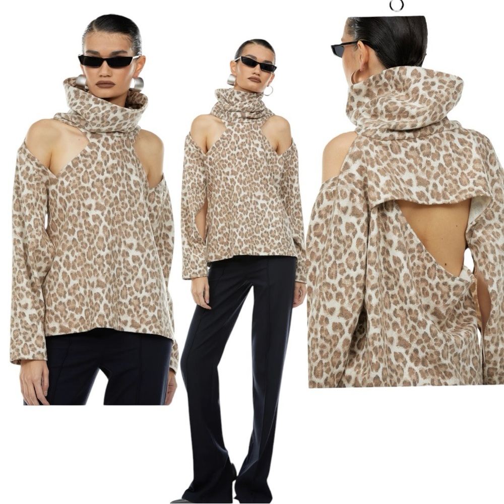 New LOÉIL “Leslie” High Neck Cheetah Print Sweater Shoulder & Back Cutout RUNWAY